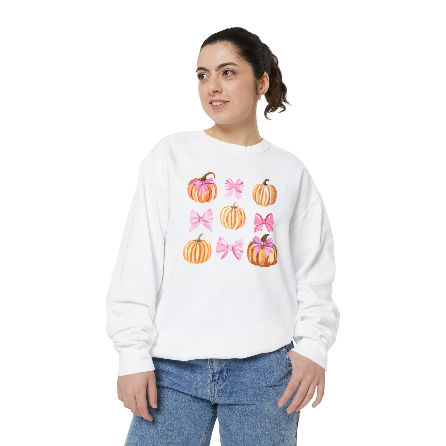 Pink Bows & Pumpkins Watercolor Sweatshirt - Cute Fall and Halloween Design, Unisex Garment-Dyed Sweatshirt