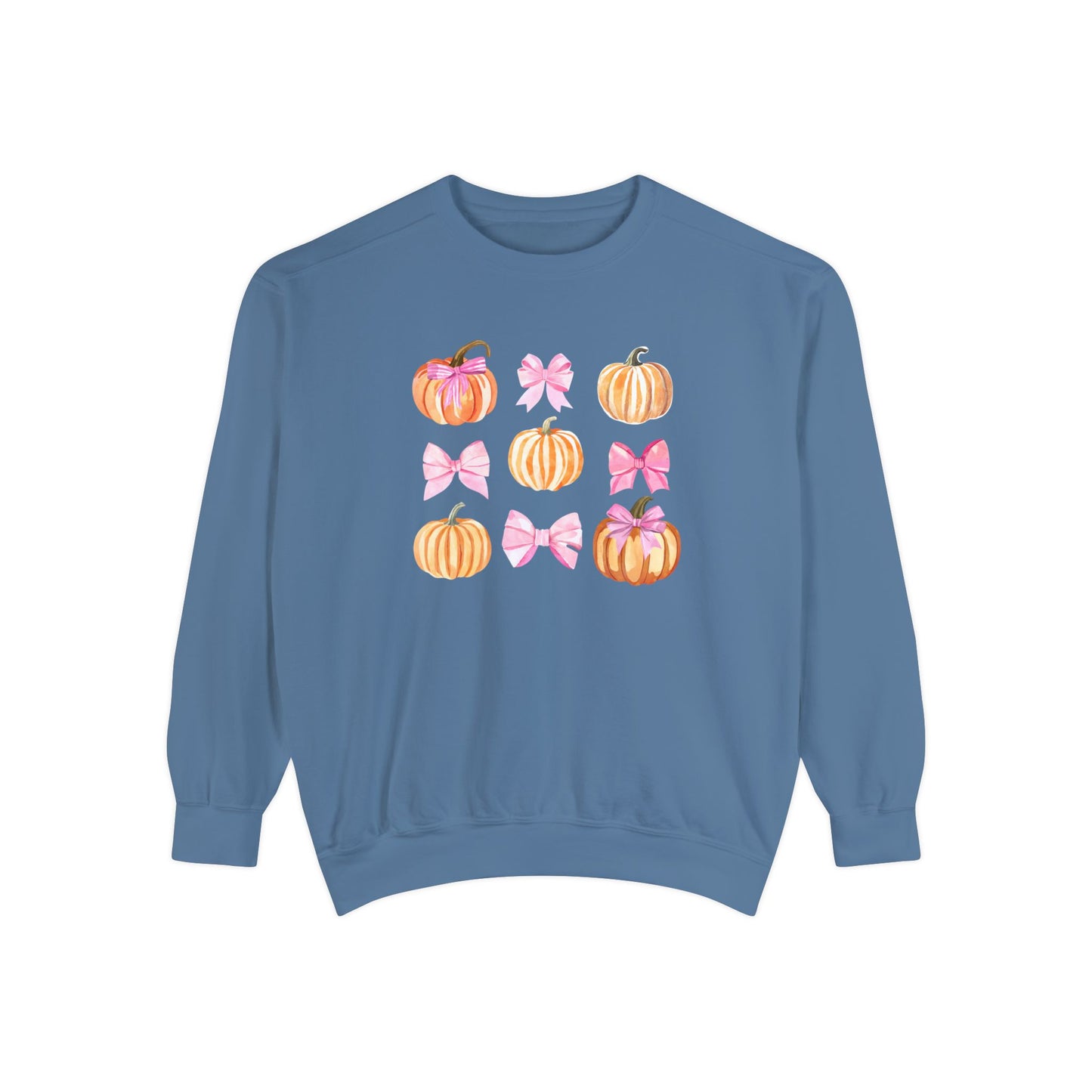 Pink Bows & Pumpkins Watercolor Sweatshirt - Cute Fall and Halloween Design, Unisex Garment-Dyed Sweatshirt