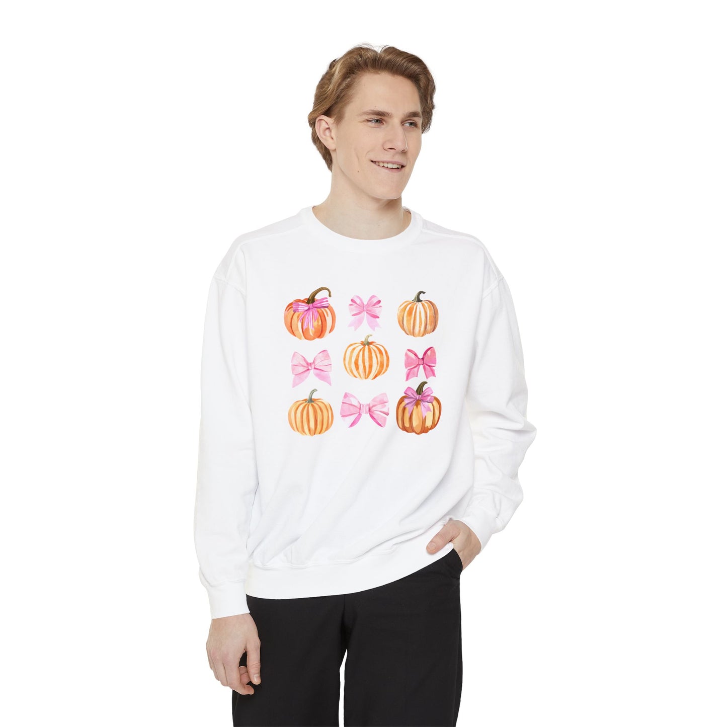 Pink Bows & Pumpkins Watercolor Sweatshirt - Cute Fall and Halloween Design, Unisex Garment-Dyed Sweatshirt