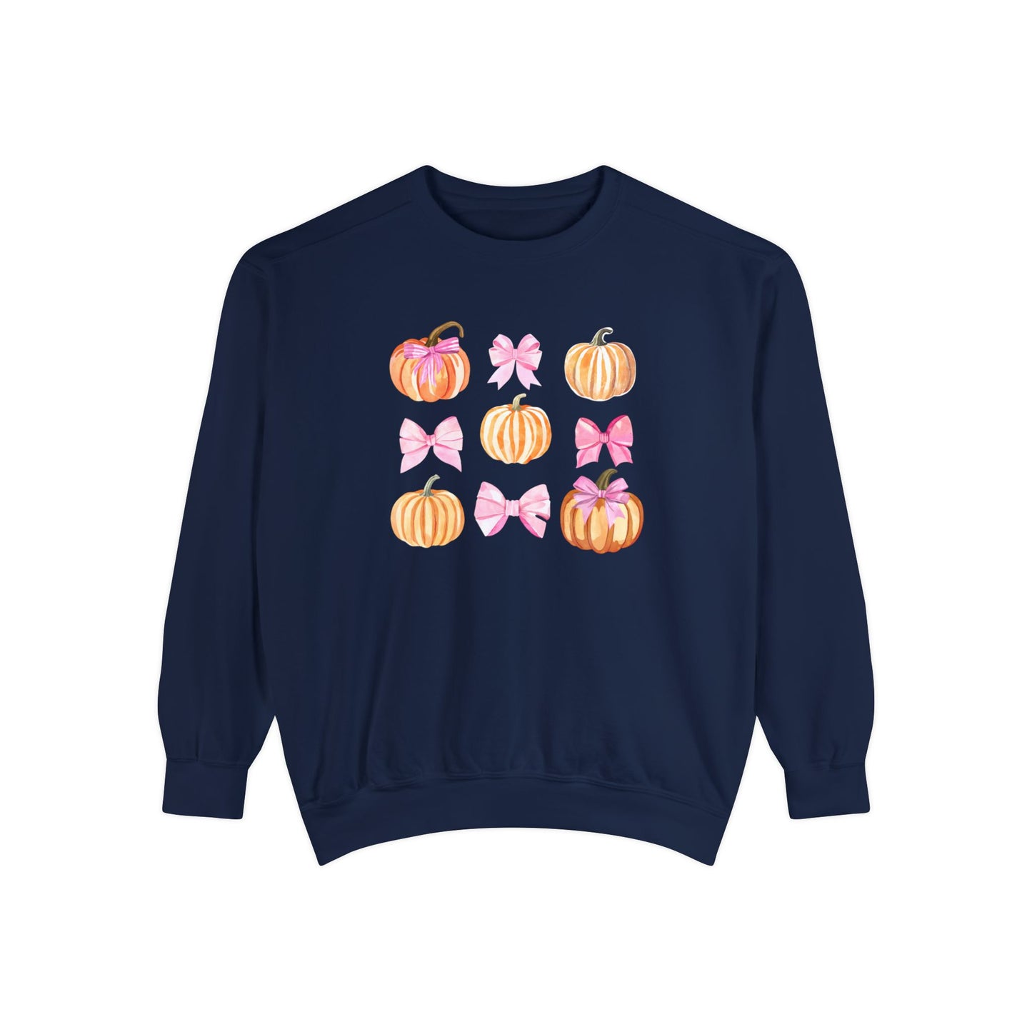 Pink Bows & Pumpkins Watercolor Sweatshirt - Cute Fall and Halloween Design, Unisex Garment-Dyed Sweatshirt