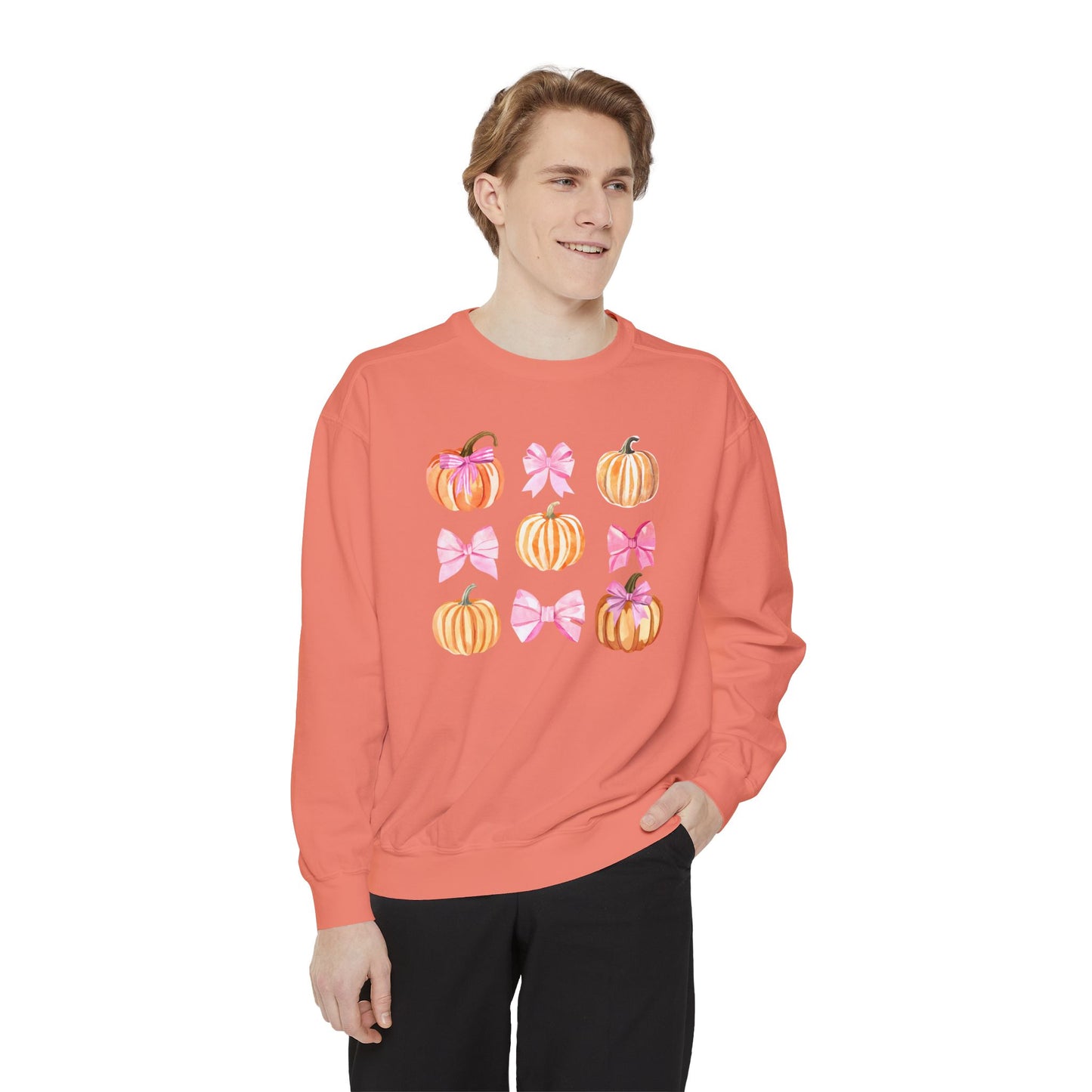 Pink Bows & Pumpkins Watercolor Sweatshirt - Cute Fall and Halloween Design, Unisex Garment-Dyed Sweatshirt