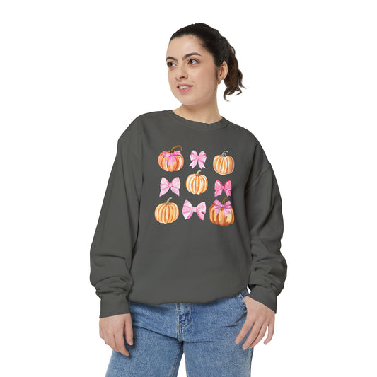 Pink Bows & Pumpkins Watercolor Sweatshirt - Cute Fall and Halloween Design, Unisex Garment-Dyed Sweatshirt