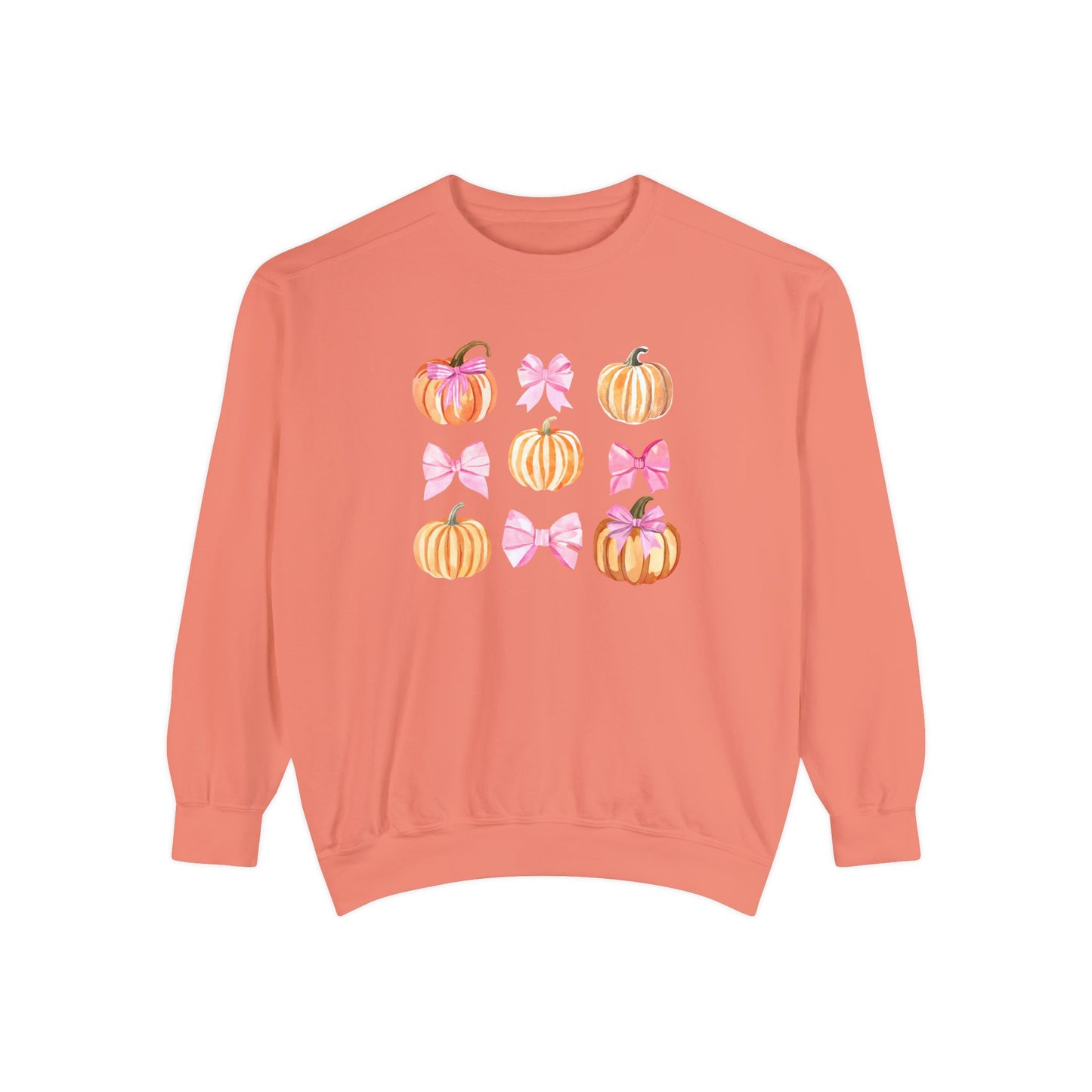 Pink Bows & Pumpkins Watercolor Sweatshirt - Cute Fall and Halloween Design, Unisex Garment-Dyed Sweatshirt