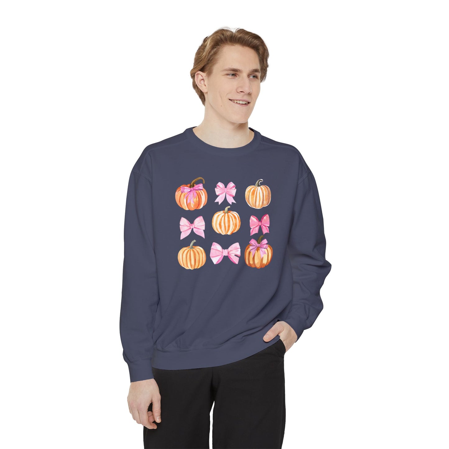 Pink Bows & Pumpkins Watercolor Sweatshirt - Cute Fall and Halloween Design, Unisex Garment-Dyed Sweatshirt