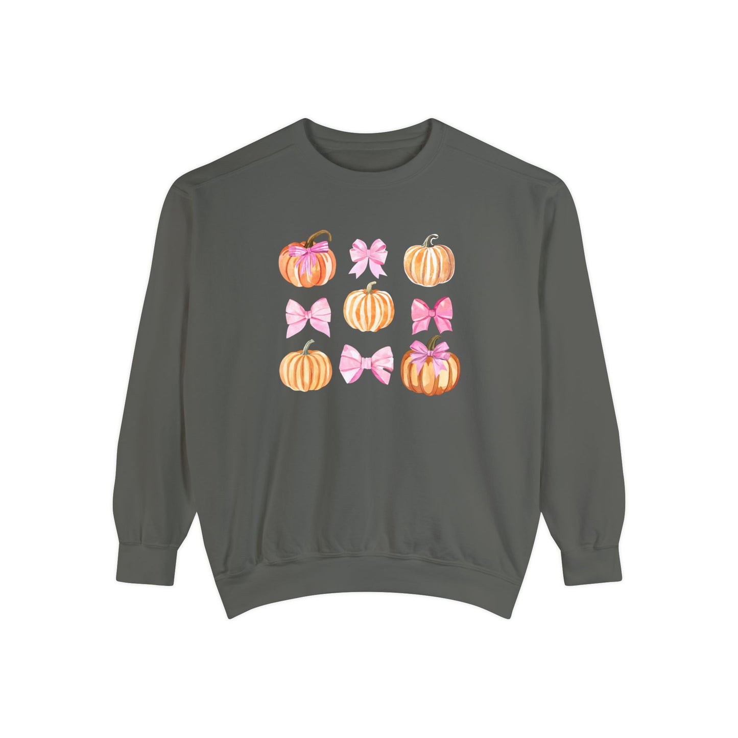 Pink Bows & Pumpkins Watercolor Sweatshirt - Cute Fall and Halloween Design, Unisex Garment-Dyed Sweatshirt