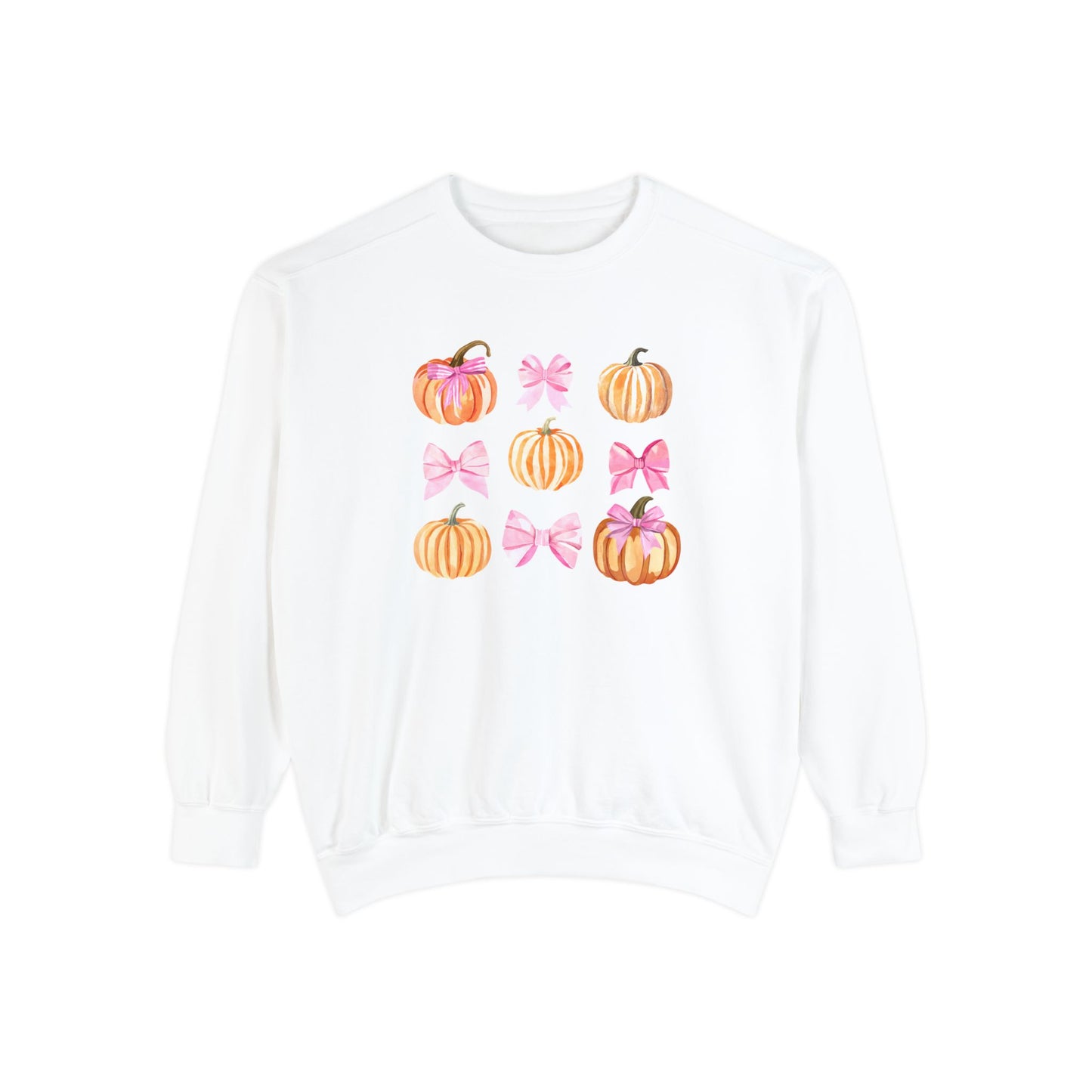 Pink Bows & Pumpkins Watercolor Sweatshirt - Cute Fall and Halloween Design, Unisex Garment-Dyed Sweatshirt