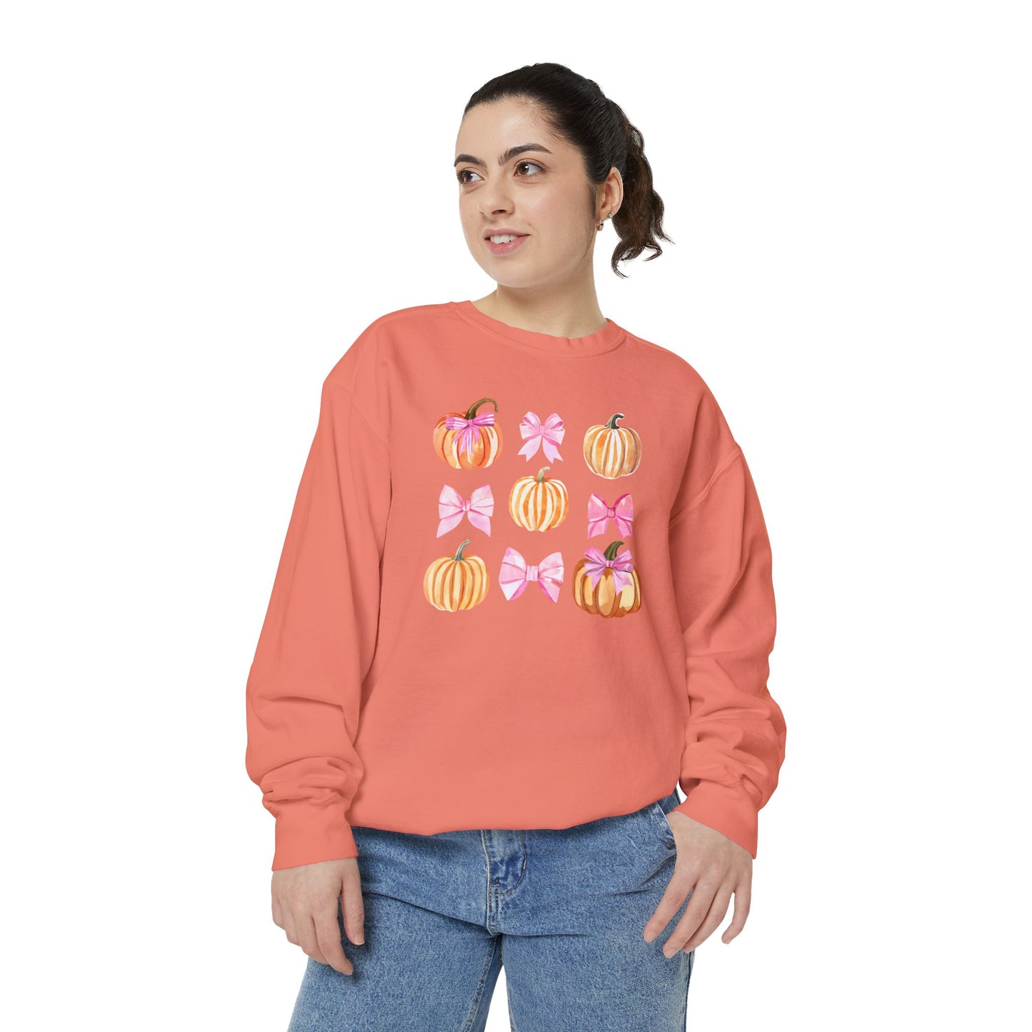 Pink Bows & Pumpkins Watercolor Sweatshirt - Cute Fall and Halloween Design, Unisex Garment-Dyed Sweatshirt