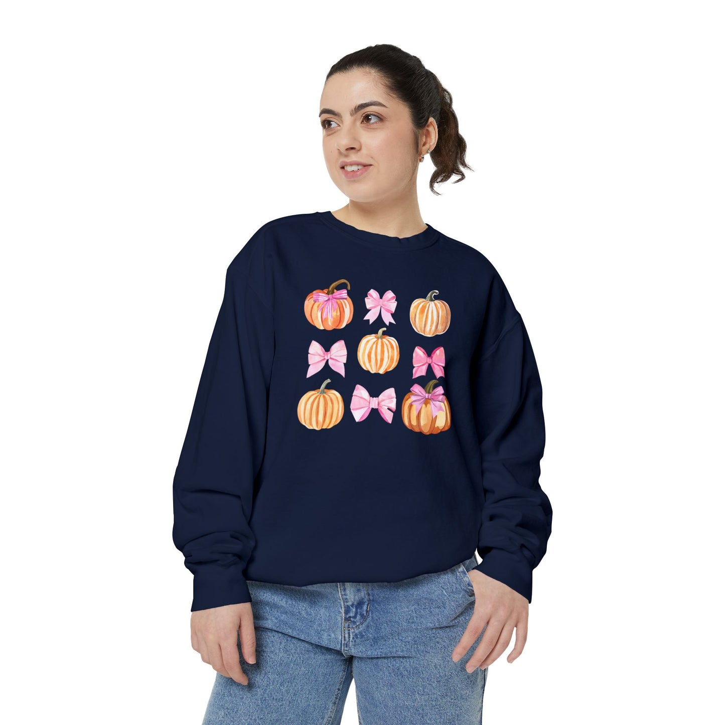 Pink Bows & Pumpkins Watercolor Sweatshirt - Cute Fall and Halloween Design, Unisex Garment-Dyed Sweatshirt